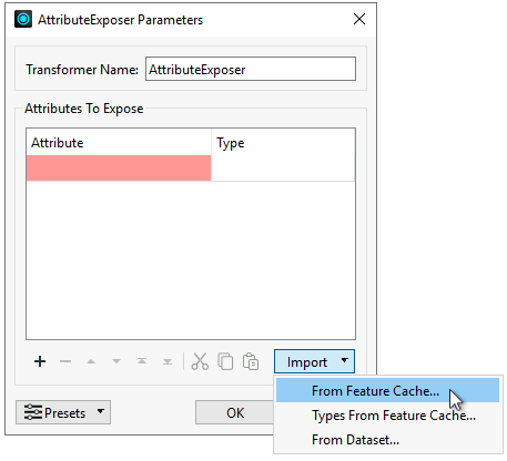 Importing attriburtes to expose from the feature cache